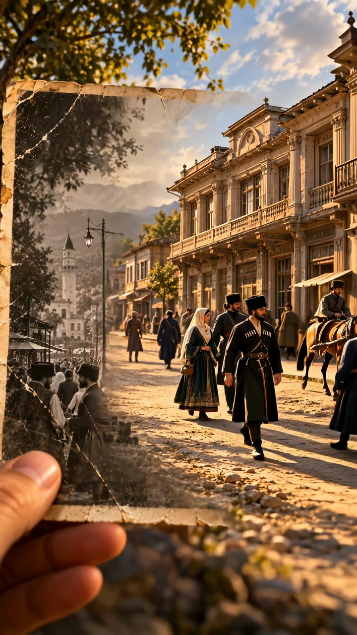 Рука держит старую фотографию на фоне той же улицы