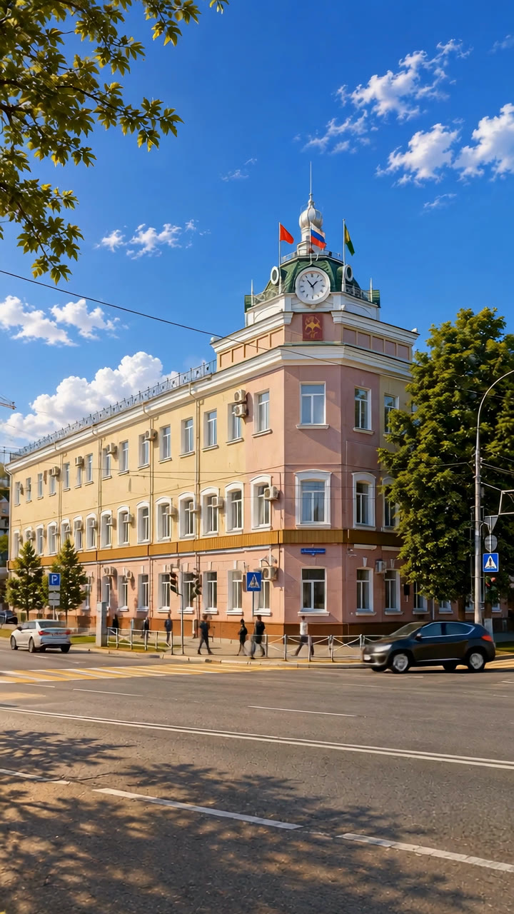 Здание с башенкой и часами на улице города