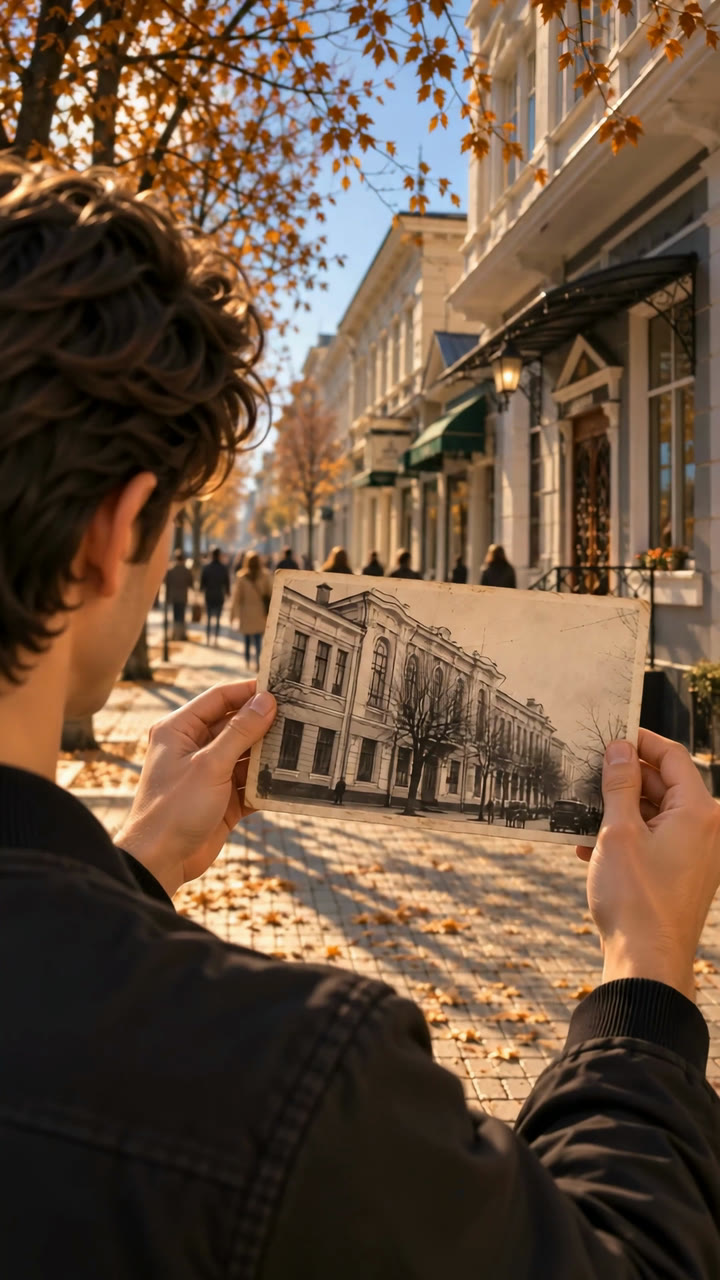 Мужчина держит старую фотографию улицы на фоне такой же улицы