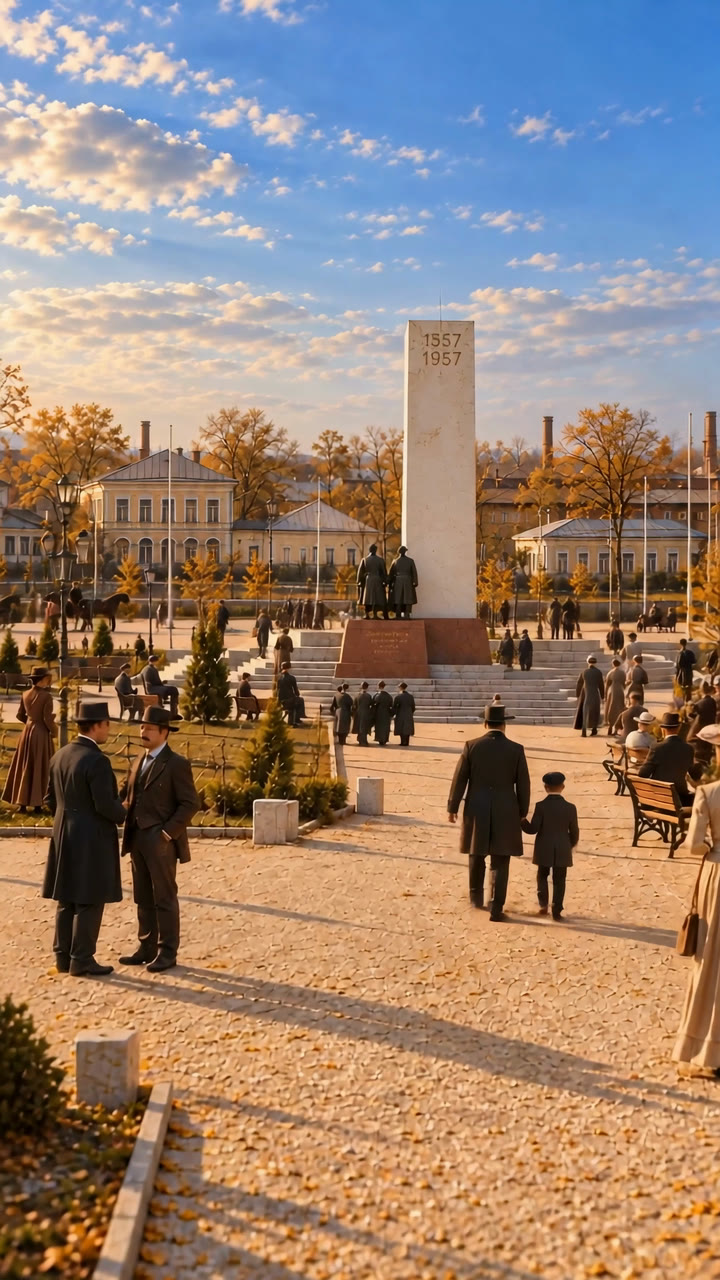 Площадь с памятником и людьми в одежде прошлых лет