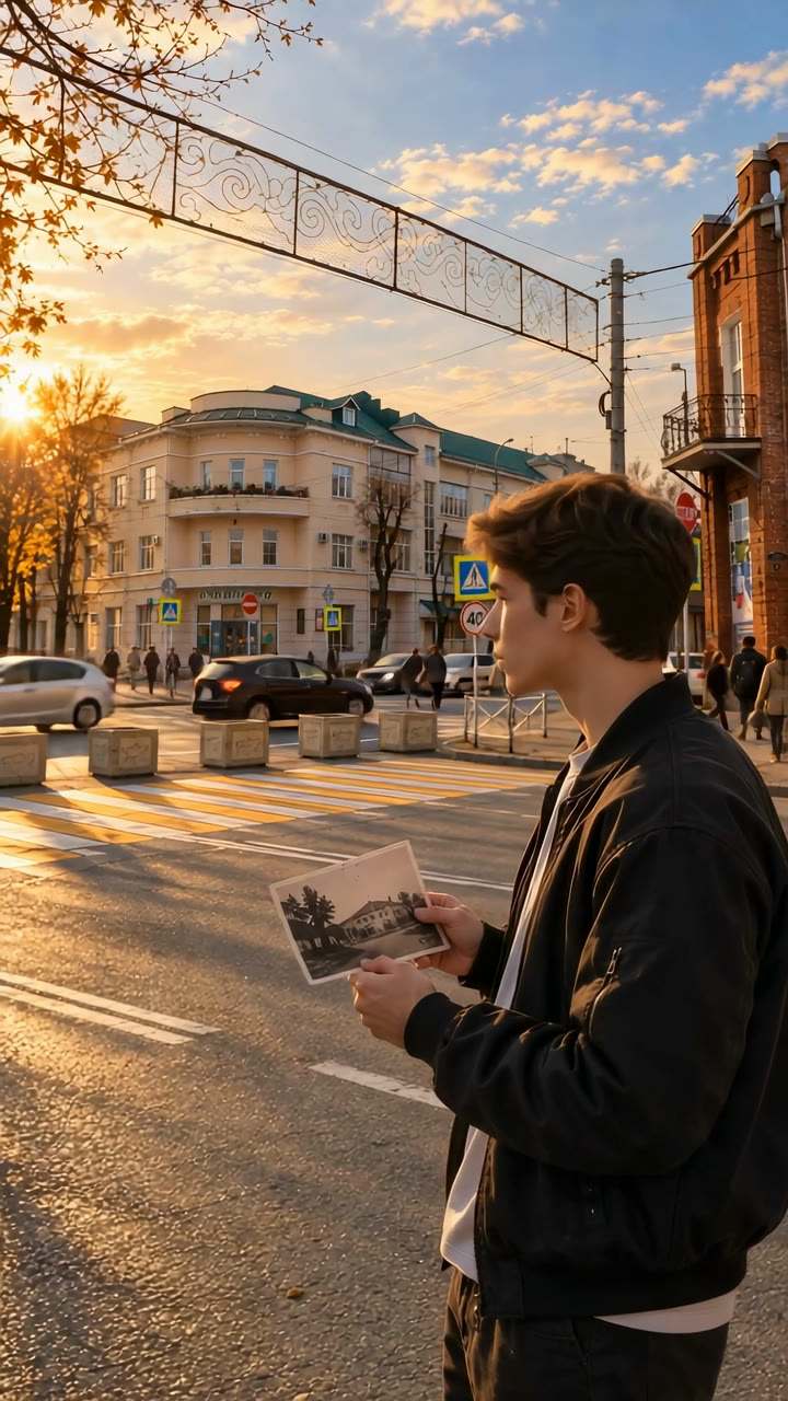 Молодой человек с открыткой стоит на улице на закате