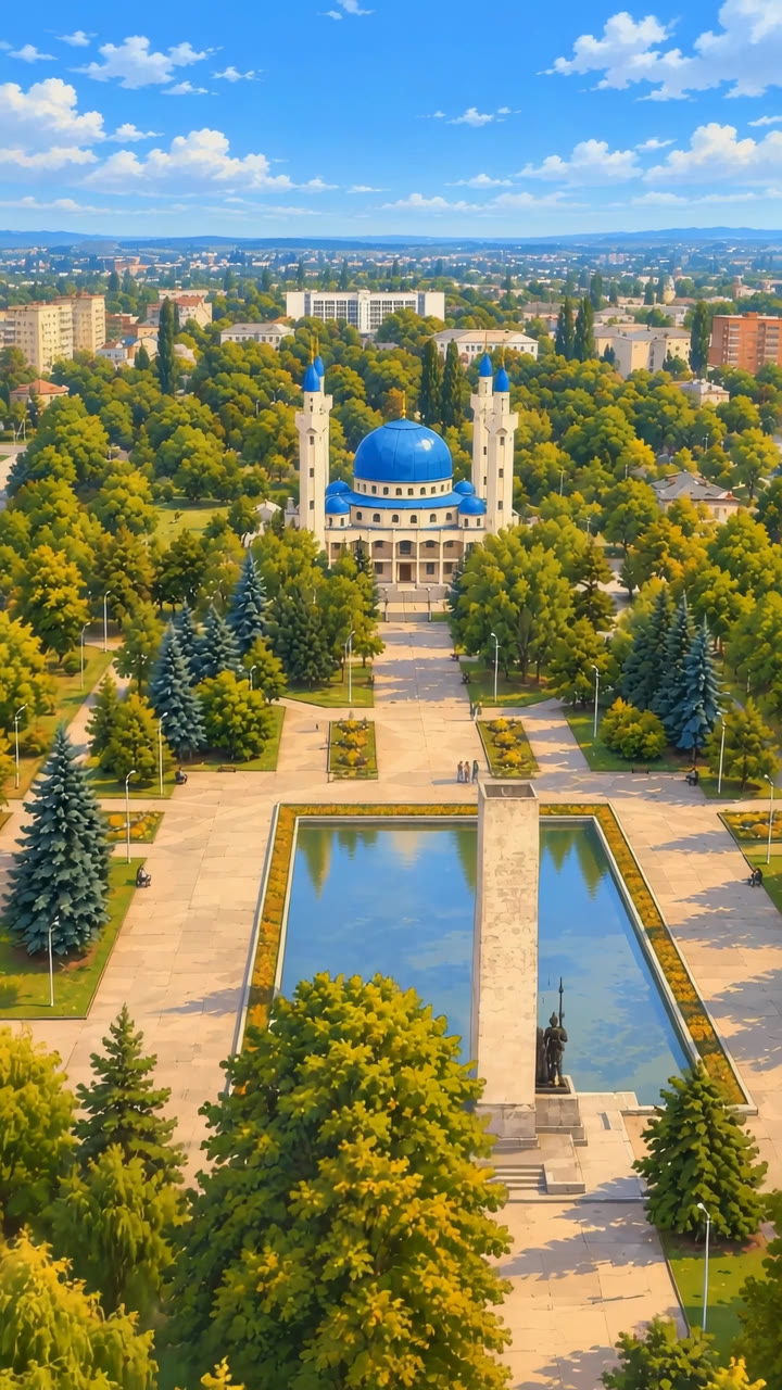 Вид сверху на парк с прудом и голубым куполом